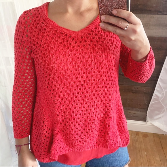 Lucky Brand Sweaters - Lucky Brand Red Crochet Knit Sheer Layered Sweater